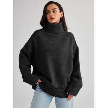 LILLUSORY Womens Turtleneck Long Sleeve Oversized 2024 Fall Fuzzy Knit Chunky Warm Pullover Sweater Tops Black