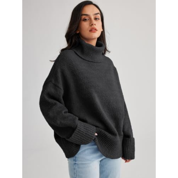 LILLUSORY Womens Turtleneck Long Sleeve Oversized 2024 Fall Fuzzy Knit Chunky Warm Pullover Sweater Tops Black