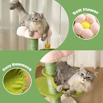 PET WONDERLAND Cute Cat Tree 29 Inches Pink Flower Cat Tower with Scratching Post for Small Cats,Green Cat Hammock Bed,Plush Perch,Cozy Platforms,Unique cat Scratcher,Cat Furniture for Indoor Cats