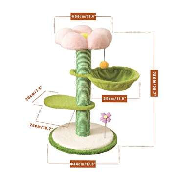 PET WONDERLAND Cute Cat Tree 29 Inches Pink Flower Cat Tower with Scratching Post for Small Cats,Green Cat Hammock Bed,Plush Perch,Cozy Platforms,Unique cat Scratcher,Cat Furniture for Indoor Cats