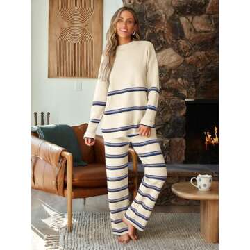 LILLUSORY 2 Piece Outfits for Women 2024 Fall Fashion Oversized Striped Sweaters Sets Cozy Lounge Sets Knit Clothes StripesBeige L