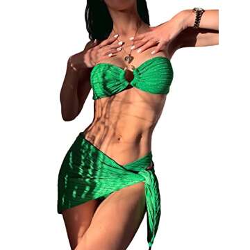 GORGLITTER Women's 3 Piece Swimsuit Strapless Ring Bandeau High Waisted Thong Bikini Set with Cover ...