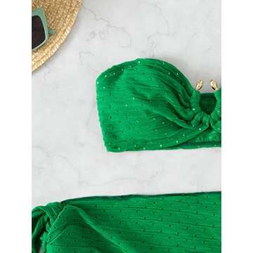 GORGLITTER Women's 3 Piece Swimsuit Strapless Ring Bandeau High Waisted Thong Bikini Set with Cover Up Skirt Green Small