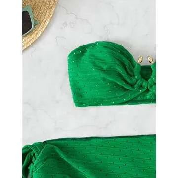 GORGLITTER Women's 3 Piece Swimsuit Strapless Ring Bandeau High Waisted Thong Bikini Set with Cover Up Skirt Green Small