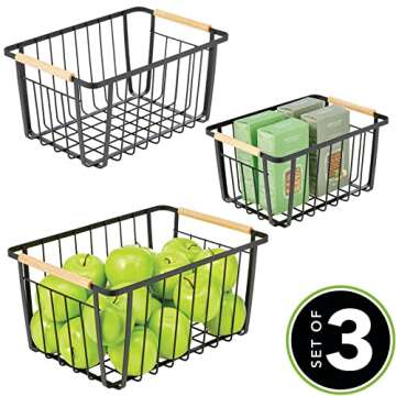 mDesign Metal Farmhouse Wire Organizer Storage Bin Basket with Handle - Rustic Container Organizers for Cabinet, Shelves, Counter, Bathroom, or Kitchen Pantry - Set of 3 - Matte Black