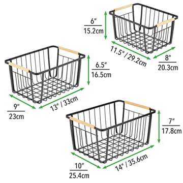 mDesign Metal Farmhouse Wire Organizer Storage Bin Basket with Handle - Rustic Container Organizers for Cabinet, Shelves, Counter, Bathroom, or Kitchen Pantry - Set of 3 - Matte Black
