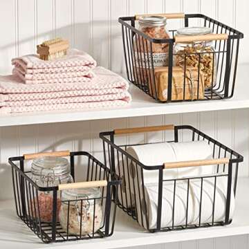 mDesign Metal Farmhouse Wire Organizer Storage Bin Basket with Handle - Rustic Container Organizers for Cabinet, Shelves, Counter, Bathroom, or Kitchen Pantry - Set of 3 - Matte Black