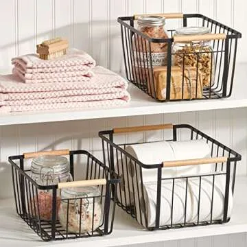 mDesign Metal Farmhouse Wire Organizer Storage Bin Basket with Handle - Rustic Container Organizers for Cabinet, Shelves, Counter, Bathroom, or Kitchen Pantry - Set of 3 - Matte Black