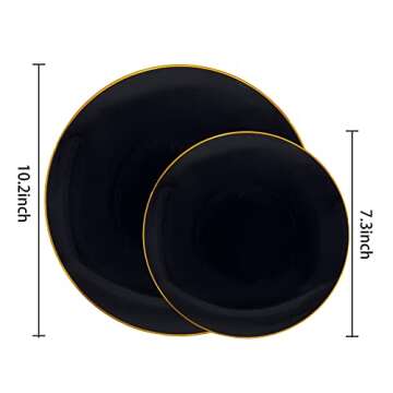 N9R 60pcs Black Plastic Plates with Gold Rim -Disposable - 30pcs Dinner Plates 10 Inch and 30pcs Disposable Dessert/Salad Plates 7 Inch, Perfect for Party Wedding Birthday Party, Halloween