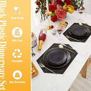 N9R 60pcs Black Plastic Plates with Gold Rim -Disposable - 30pcs Dinner Plates 10 Inch and 30pcs Disposable Dessert/Salad Plates 7 Inch, Perfect for Party Wedding Birthday Party, Halloween