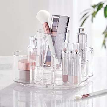 mDesign Spinning Lazy Susan Makeup Turntable Storage Center - 9 Sections - Rotating Organizer for Bathroom Vanity Counter Tops, Dressing Tables, Cosmetic Stations, Dressers - Lumiere Collection, Clear