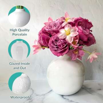 Willowy 7.5 Inch Large White Ceramic Vase with Glossy Finish - Large White Vases for Flowers, White Vases for Decor, White Flower Vase, White Round Vase, White Vase for Pampas Grass