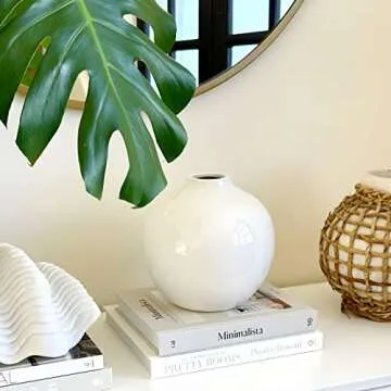 Willowy 7.5 Inch Large White Ceramic Vase with Glossy Finish - Large White Vases for Flowers, White Vases for Decor, White Flower Vase, White Round Vase, White Vase for Pampas Grass