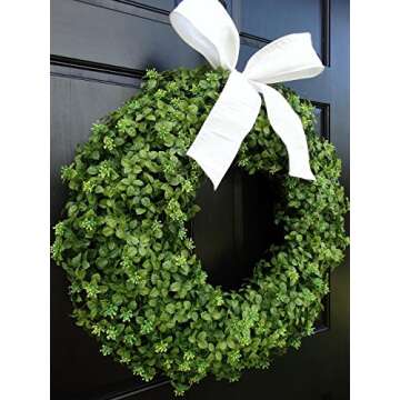 Year Round Everyday Boxwood Wreath - Artificial Greenery Summer Front Door Porch Decoration