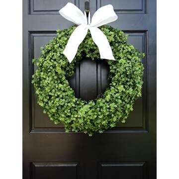 Year Round Everyday Boxwood Wreath - Artificial Greenery Summer Front Door Porch Decoration