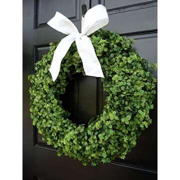 Year Round Everyday Boxwood Wreath - Artificial Greenery Summer Front Door Porch Decoration