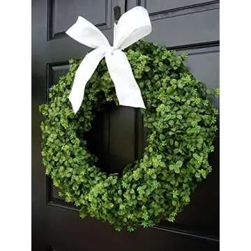 Year Round Everyday Boxwood Wreath - Artificial Greenery Summer Front Door Porch Decoration