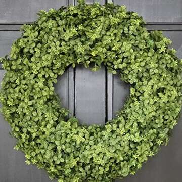 Year Round Everyday Boxwood Wreath - Artificial Greenery Summer Front Door Porch Decoration