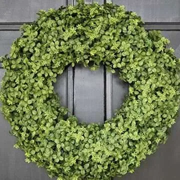 Year Round Everyday Boxwood Wreath - Artificial Greenery Summer Front Door Porch Decoration
