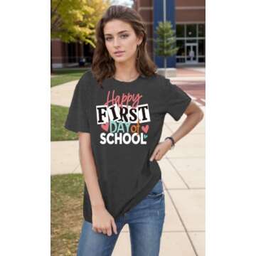 YHHR Happy First Day of School Teacher Shirts for Women Back to School Graphic Print Tshirts Teaching Tee Tops