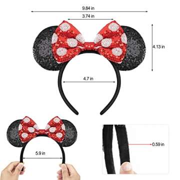 QNQHAOV 2 Pack Mickey Ears, Sequin Minnie Ears Headbands with Bow, Hairs Accessories for Girls Women Kids Cosplay Halloween Costume (Red Dot & Red)