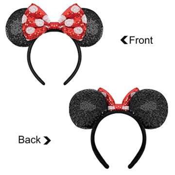 QNQHAOV 2 Pack Mickey Ears, Sequin Minnie Ears Headbands with Bow, Hairs Accessories for Girls Women Kids Cosplay Halloween Costume (Red Dot & Red)