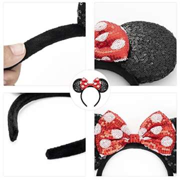 QNQHAOV 2 Pack Mickey Ears, Sequin Minnie Ears Headbands with Bow, Hairs Accessories for Girls Women Kids Cosplay Halloween Costume (Red Dot & Red)