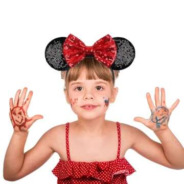 QNQHAOV 2 Pack Mickey Ears, Sequin Minnie Ears Headbands with Bow, Hairs Accessories for Girls Women Kids Cosplay Halloween Costume (Red Dot & Red)