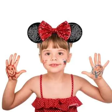 QNQHAOV 2 Pack Mickey Ears, Sequin Minnie Ears Headbands with Bow, Hairs Accessories for Girls Women Kids Cosplay Halloween Costume (Red Dot & Red)