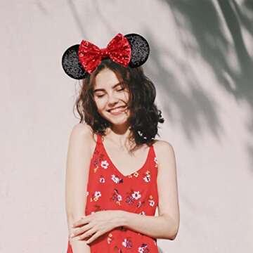 QNQHAOV 2 Pack Mickey Ears, Sequin Minnie Ears Headbands with Bow, Hairs Accessories for Girls Women Kids Cosplay Halloween Costume (Red Dot & Red)