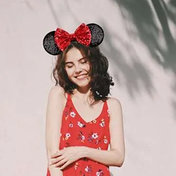 QNQHAOV 2 Pack Mickey Ears, Sequin Minnie Ears Headbands with Bow, Hairs Accessories for Girls Women Kids Cosplay Halloween Costume (Red Dot & Red)