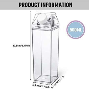 Milk Carton Water Bottle 17oz (500mL) Plastic Clear Square Milk Bottles No BPA Leakproof Water Bottl...