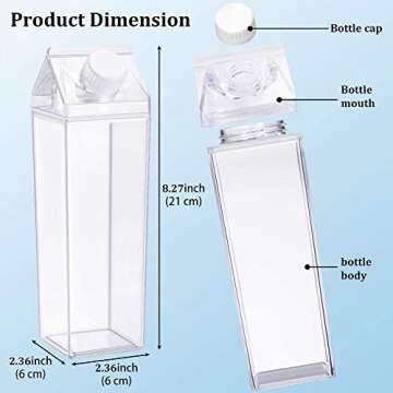 Milk Carton Water Bottle 17oz (500mL) Plastic Clear Square Milk Bottles No BPA Leakproof Water Bottle Portable Reusable Milk Carton Shaped Juice Bottle Perfect for Fitness Gym Camping Sports