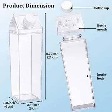 Milk Carton Water Bottle 17oz (500mL) Plastic Clear Square Milk Bottles No BPA Leakproof Water Bottle Portable Reusable Milk Carton Shaped Juice Bottle Perfect for Fitness Gym Camping Sports