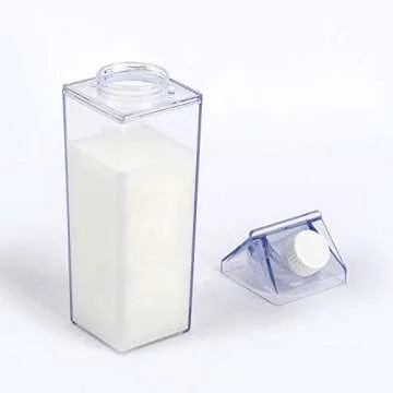 Milk Carton Water Bottle 17oz (500mL) Plastic Clear Square Milk Bottles No BPA Leakproof Water Bottle Portable Reusable Milk Carton Shaped Juice Bottle Perfect for Fitness Gym Camping Sports