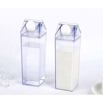Milk Carton Water Bottle 17oz (500mL) Plastic Clear Square Milk Bottles No BPA Leakproof Water Bottle Portable Reusable Milk Carton Shaped Juice Bottle Perfect for Fitness Gym Camping Sports