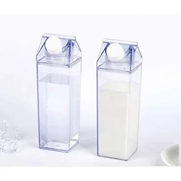 Milk Carton Water Bottle 17oz (500mL) Plastic Clear Square Milk Bottles No BPA Leakproof Water Bottle Portable Reusable Milk Carton Shaped Juice Bottle Perfect for Fitness Gym Camping Sports