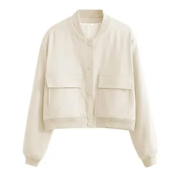 Faleave Women's Cropped Bomber Jacket Casual Street Button Down Varsity Jacket with Two Big Pockets(...