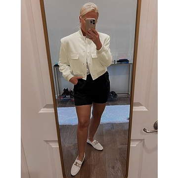 Faleave Women's Cropped Bomber Jacket Casual Street Button Down Varsity Jacket with Two Big Pockets(Beige-L)