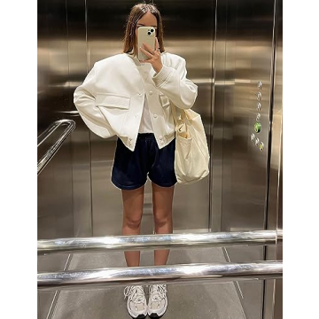 Faleave Women's Cropped Bomber Jacket Casual Street Button Down Varsity Jacket with Two Big Pockets(Beige-L)