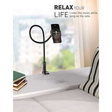 Tryone Gooseneck Phone Holder Stand for Bed Flexible Long 35-inch Arm Adjustable Cell Phones Mount Clamp on Desk Compatible with iPhone 12 Pro 12 11 Pro Xs 8 7 6 | Samsung S21 or Other 4"-7" Devices