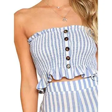 Floerns Women's Summer 2 Piece Outfits Sleeveless Tube Crop Cami Top and Pants Sets A Blue White S