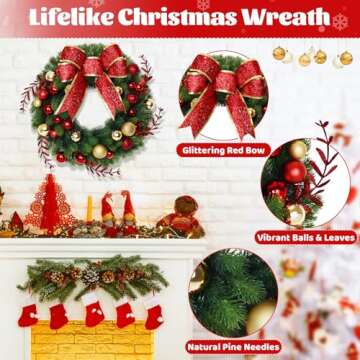 Christmas Decor - Christmas Wreaths with Bowknot, 16 Inch Christmas Wreaths for Front Door, Christma...