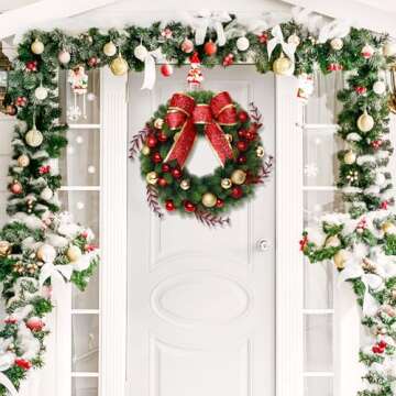 Christmas Decor - Christmas Wreaths with Bowknot, 16 Inch Christmas Wreaths for Front Door, Christmas Door Wreath with Glittering Red Gold Christmas Balls Branches for Xmas Home Outdoor Decor