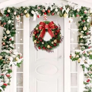 Christmas Decor - Christmas Wreaths with Bowknot, 16 Inch Christmas Wreaths for Front Door, Christmas Door Wreath with Glittering Red Gold Christmas Balls Branches for Xmas Home Outdoor Decor