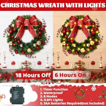 Christmas Decor - Christmas Wreaths with Bowknot, 16 Inch Christmas Wreaths for Front Door, Christmas Door Wreath with Glittering Red Gold Christmas Balls Branches for Xmas Home Outdoor Decor