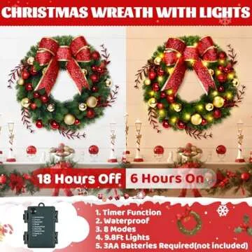 Christmas Decor - Christmas Wreaths with Bowknot, 16 Inch Christmas Wreaths for Front Door, Christmas Door Wreath with Glittering Red Gold Christmas Balls Branches for Xmas Home Outdoor Decor