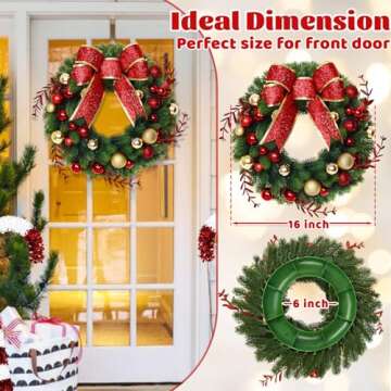 Christmas Decor - Christmas Wreaths with Bowknot, 16 Inch Christmas Wreaths for Front Door, Christmas Door Wreath with Glittering Red Gold Christmas Balls Branches for Xmas Home Outdoor Decor