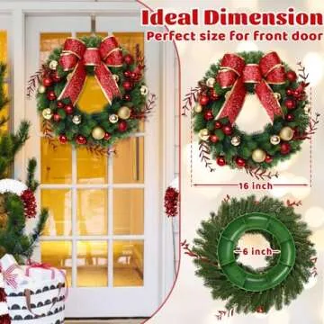 Christmas Decor - Christmas Wreaths with Bowknot, 16 Inch Christmas Wreaths for Front Door, Christmas Door Wreath with Glittering Red Gold Christmas Balls Branches for Xmas Home Outdoor Decor
