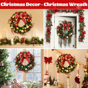 Christmas Decor - Christmas Wreaths with Bowknot, 16 Inch Christmas Wreaths for Front Door, Christmas Door Wreath with Glittering Red Gold Christmas Balls Branches for Xmas Home Outdoor Decor